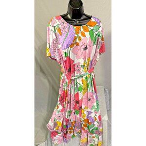 Suite 7 Plus 3X Womens Bright Floral Dress Belted ruffles Midi Pockets Fun